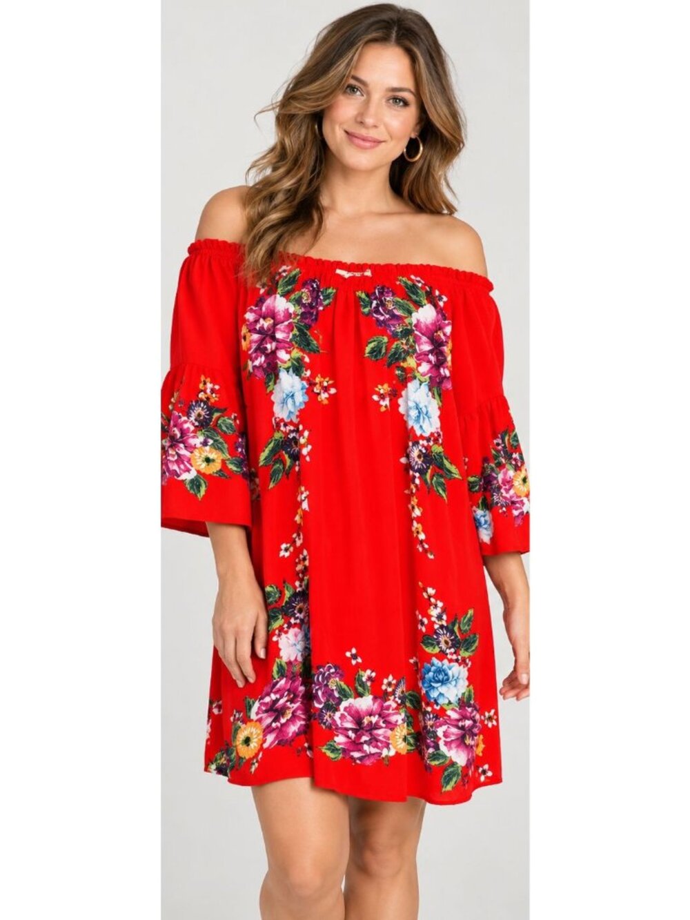 New Red Umgee Off The Shoulder Floral Bell Sleeve Shift Dress Small Pockets Boho